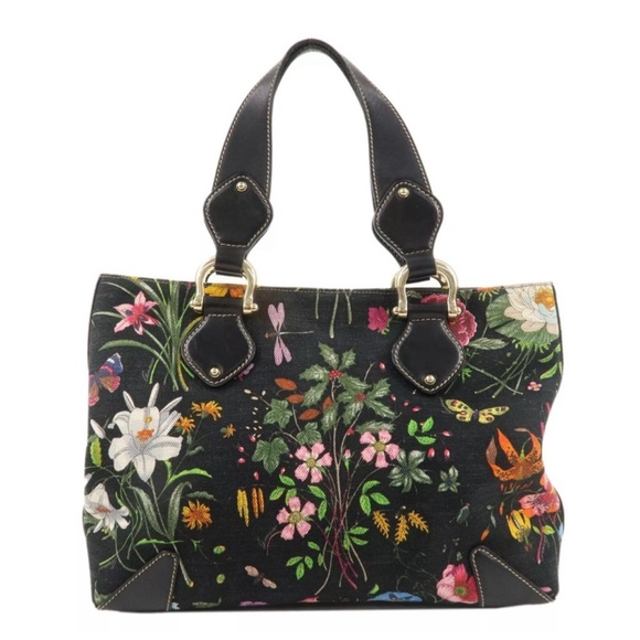 Authentic GUCCI Flora BLACK Canvas Leather Tote Bag - Picture 5 of 8